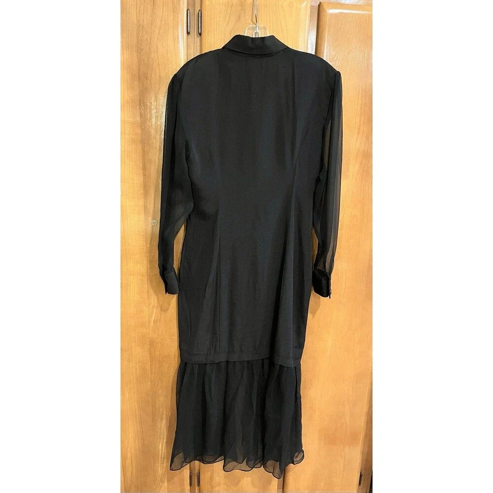 Vtg Maxi Black Shirt Dress Button Front Sheer Sleeves & Ruffle Goth Whimsygoth